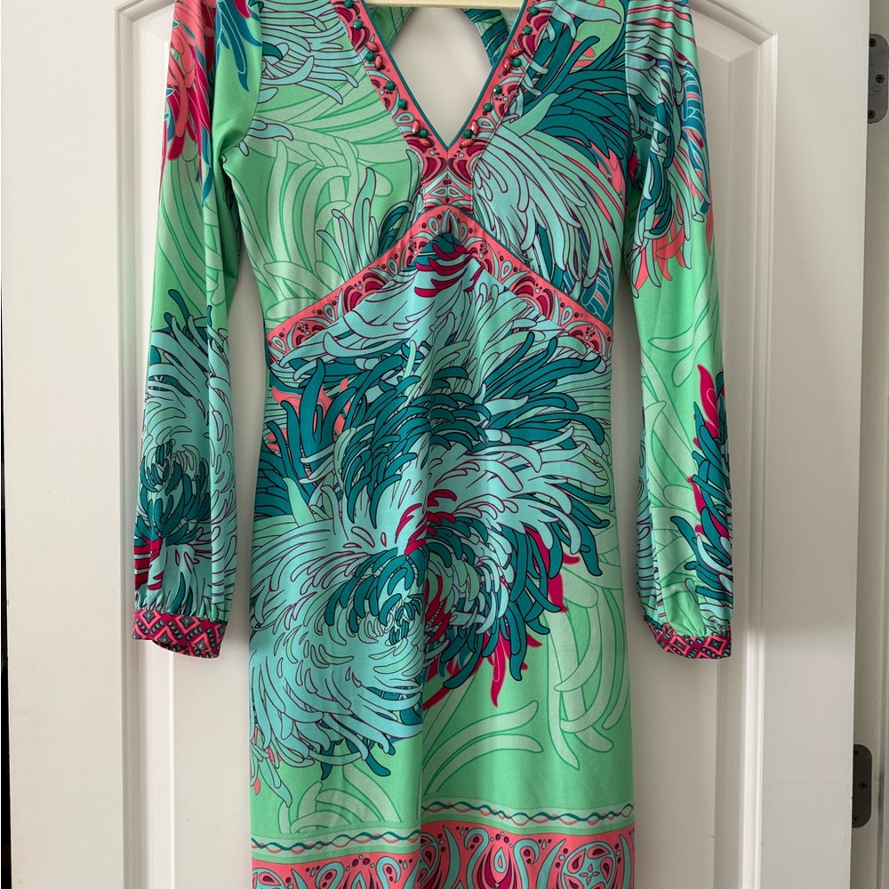 Hale Bob Tropical vibe Sheath Dress with Cuffed Long Sleeves, open back detail.